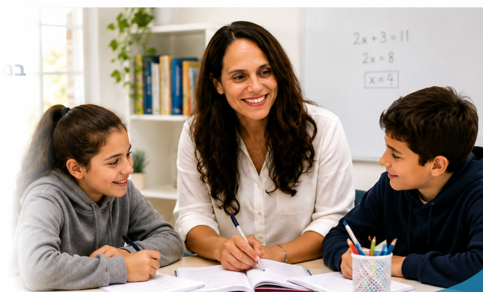 עינת בייסברג מלמדת מתמטיקה בקבוצה קטנה